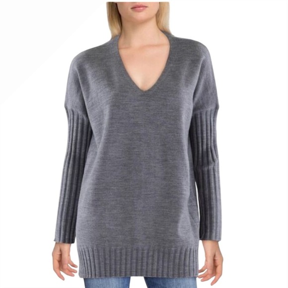 French Connection Gray V-Neck Long Sleeve Ribbed Cuff Tunic Sweater Small - Picture 1 of 5